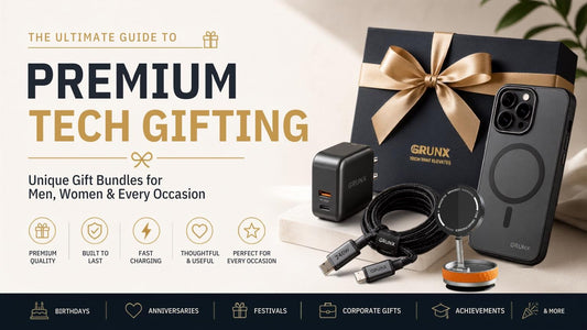 GrunX premium tech gift bundle with GaN charger, cable, magnetic mount, and phone case in gift box