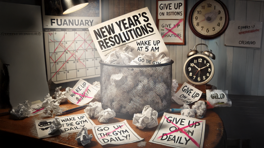 New Year resolution concept showing failed goals, crossed checklist and motivation ideas for better habit building and long term success