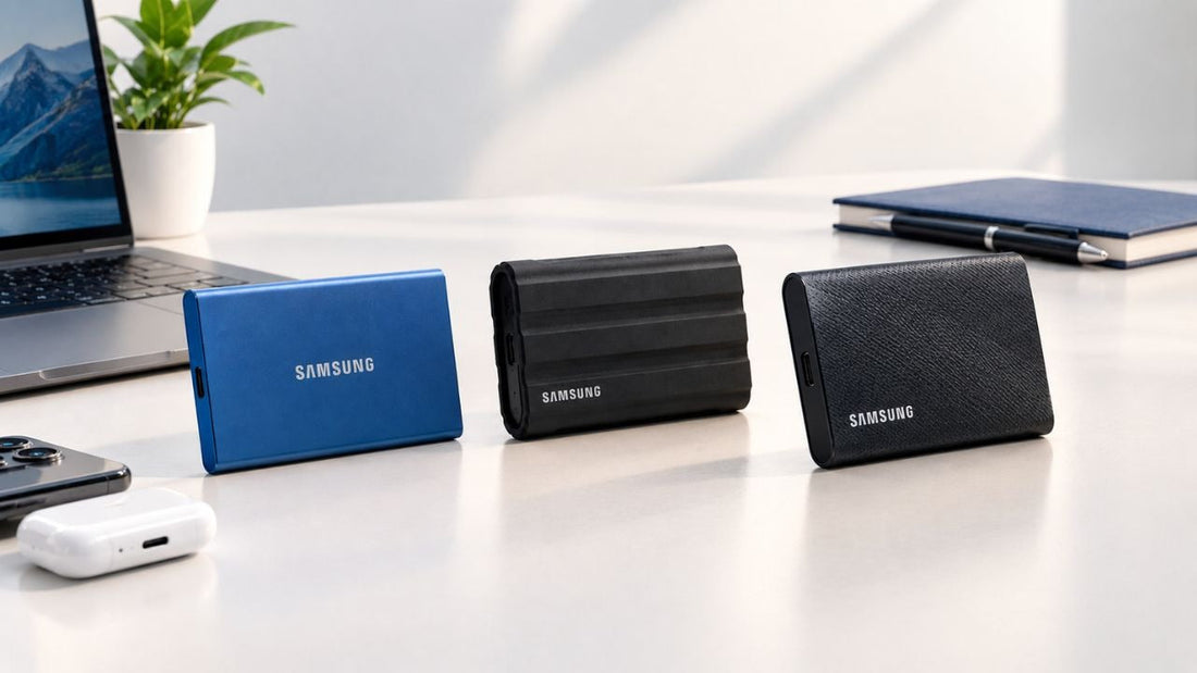 Three Samsung portable SSDs T7, T7 Shield, and T9 displayed on a clean desk beside a laptop, illustrating portable storage for everyday work, travel, and high-speed file transfers.