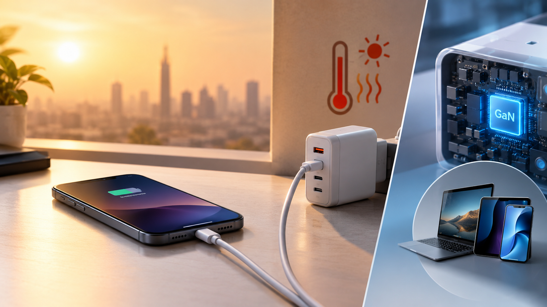A smartphone charging beside a compact GaN charger on a sunlit desk, illustrating summer heat, efficient power conversion, and charging multiple devices including a laptop and tablet.
