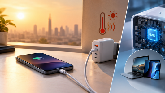 A smartphone charging beside a compact GaN charger on a sunlit desk, illustrating summer heat, efficient power conversion, and charging multiple devices including a laptop and tablet.