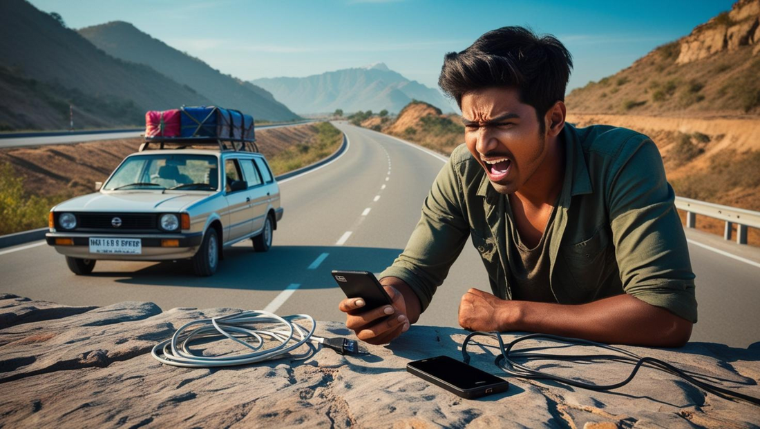 Road trip gadgets setup in car showing phone mount, charger, GPS navigation and travel accessories for safe and comfortable journey in India
