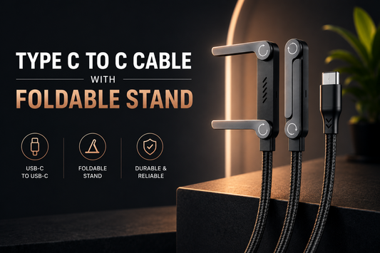 Premium Type-C to Type-C braided cable with foldable stand in a modern dark studio setup featuring minimal typography, durable design icons, and sleek high-end charging accessory aesthetics