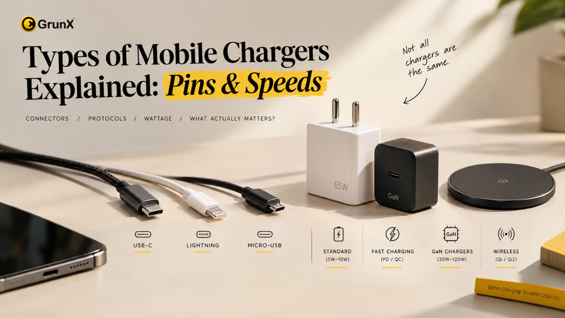 Types of mobile chargers explained with USB-C, Lightning, Micro-USB, fast chargers, GaN chargers, and wireless charging options.