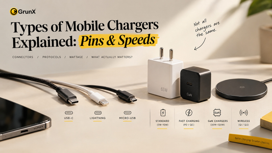 Types of mobile chargers explained with USB-C, Lightning, Micro-USB, fast chargers, GaN chargers, and wireless charging options.