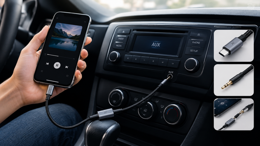 Type C to AUX cable for car connecting a USB-C smartphone to a car stereo to play music without Bluetooth using a 3.5mm AUX adapter.