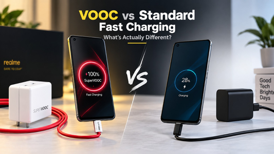 VOOC vs standard fast charging comparison with SuperVOOC charger, USB-C cable, and smartphone charging speeds