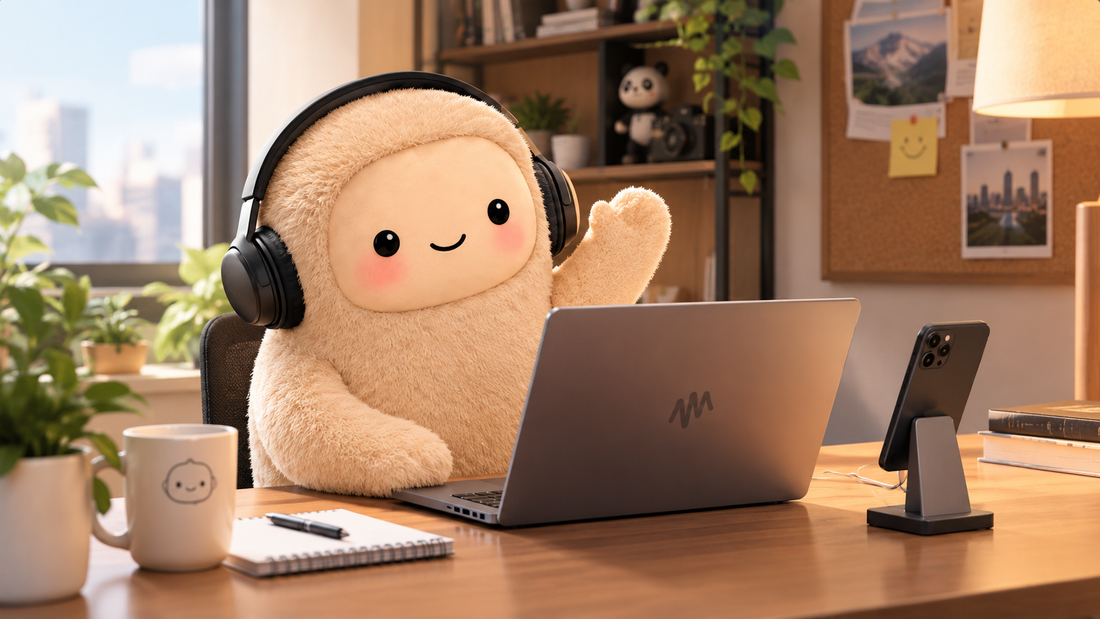 Cute AI mascot waving while working on a laptop in a cozy modern home office, wearing headphones with a smartphone on a stand beside it. 