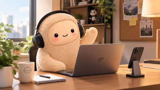 Cute AI mascot waving while working on a laptop in a cozy modern home office, wearing headphones with a smartphone on a stand beside it. 