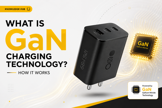 multi-port GaN charger with USB-A and USB-C ports showing Gallium Nitride chip technology for fast charging  