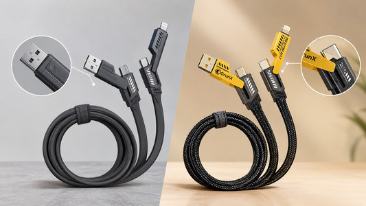 Metal charging cable comparison showing standard plastic cable and premium braided cable with reinforced metal connectors