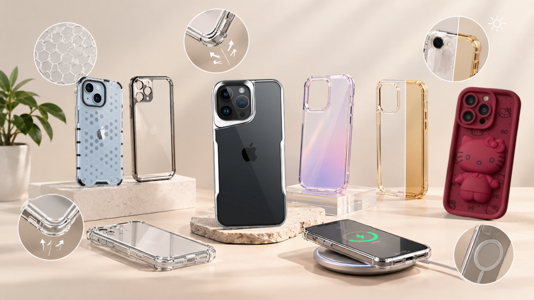 Clear iPhone cases displayed with anti-yellowing, drop protection, wireless charging, honeycomb, and silicone case designs.