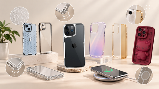 Clear iPhone cases displayed with anti-yellowing, drop protection, wireless charging, honeycomb, and silicone case designs.