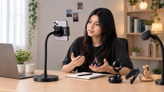 Woman using a phone stand for video calls and content creation at a desk with multiple phone holders and accessories.
