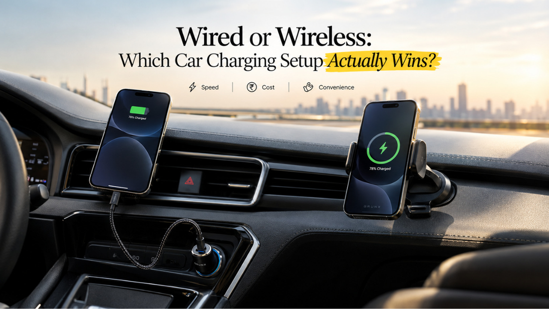 Wired vs wireless car charging setup with a USB-C car charger and Qi2 wireless charging mount for fast, convenient phone charging in a modern car.