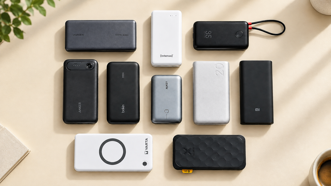 Best power banks and portable chargers arranged in a flat lay on a neutral beige background 