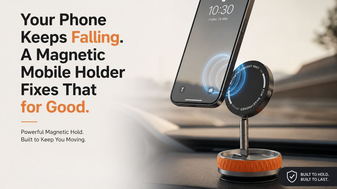 Magnetic car phone mount securely holding a smartphone on a vehicle dashboard, preventing phone drops while driving with a strong magnetic grip and adjustable viewing angle.