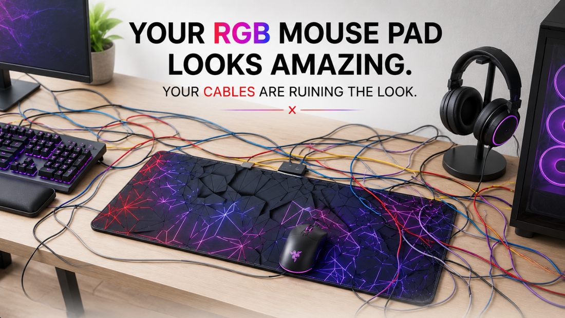 RGB gaming mouse pad surrounded by tangled cables on a desk setup, illustrating why cable management matters for gaming desks