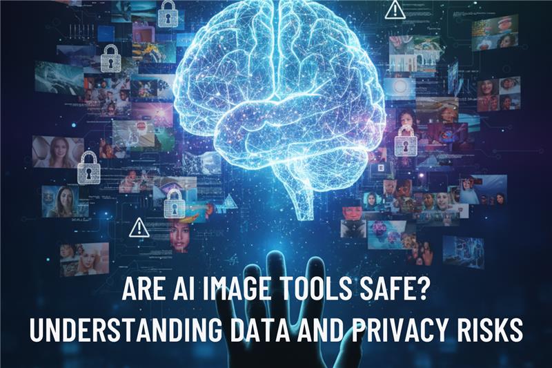 AI image tools safe showing data privacy risks of uploading photos to AI platforms like DALL·E and MidJourney on GrunX