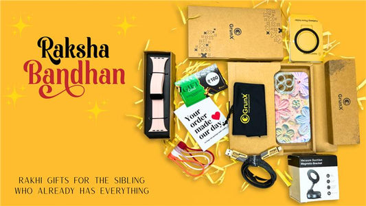 GrunX Raksha Bandhan tech gift hamper featuring iPhone case, Apple Watch strap and fast charging cable for sibling gifting