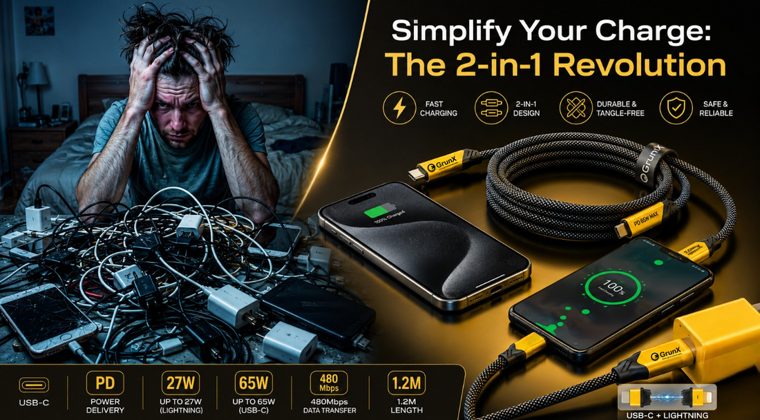 GrunX Daily 2-in-1 fast charging cable with USB-C and Lightning connectors, showing a clutter-free charging solution, 65W PD fast charging, tangle-free braided design, and multi-device compatibility