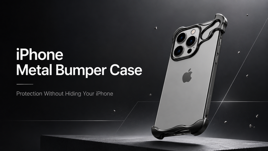 Premium iPhone metal bumper case with titanium finish, slim edge protection, lightweight bumper frame, durable shock-resistant design, and minimalist style by GrunX.