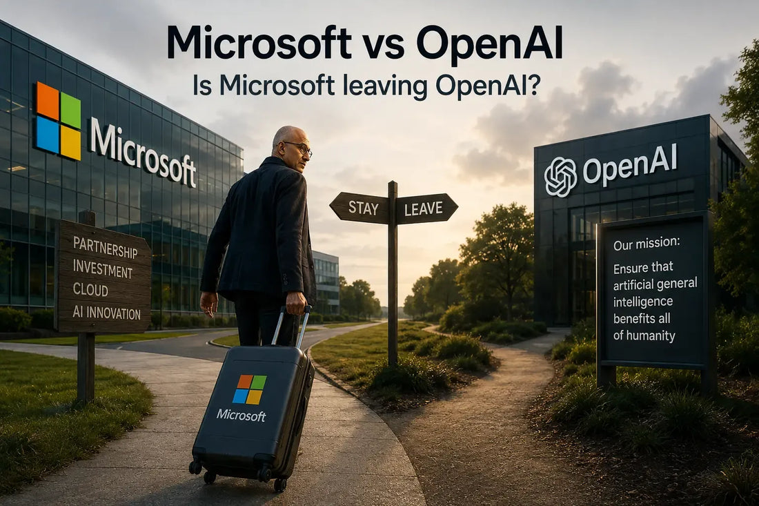 Microsoft vs OpenAi Is Microsoft leaving OpenAI? Satya Nadella standing at a crossroads between Microsoft and OpenAI buildings