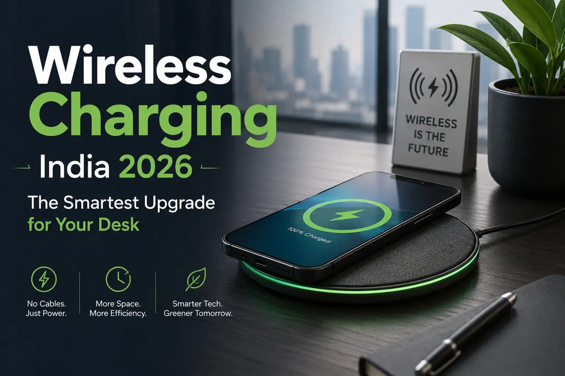 Wireless charging pad with smartphone showing 100% charged wireless charging India 2026 smartest desk upgrade