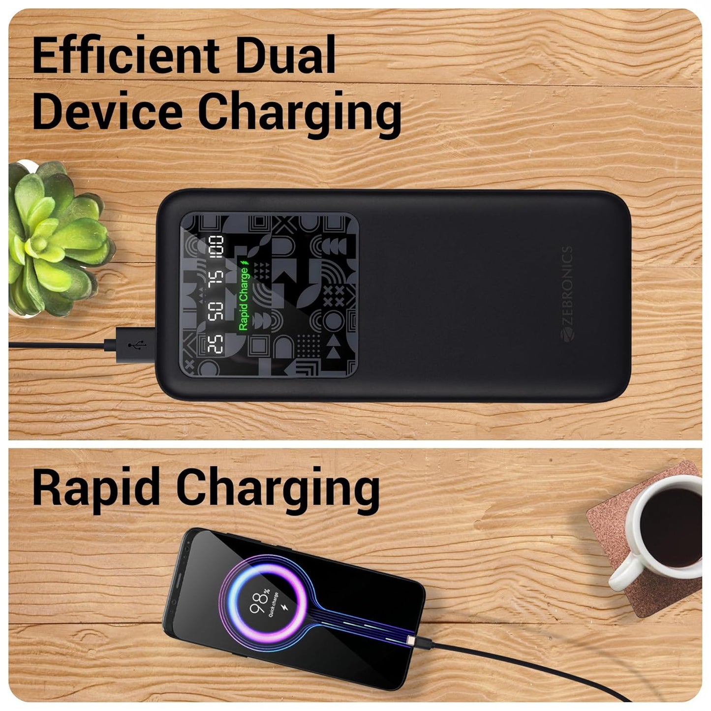 Zebronics 10000mAh power bank with dual device charging and rapid fast charging, featuring digital LED display showing battery percentage