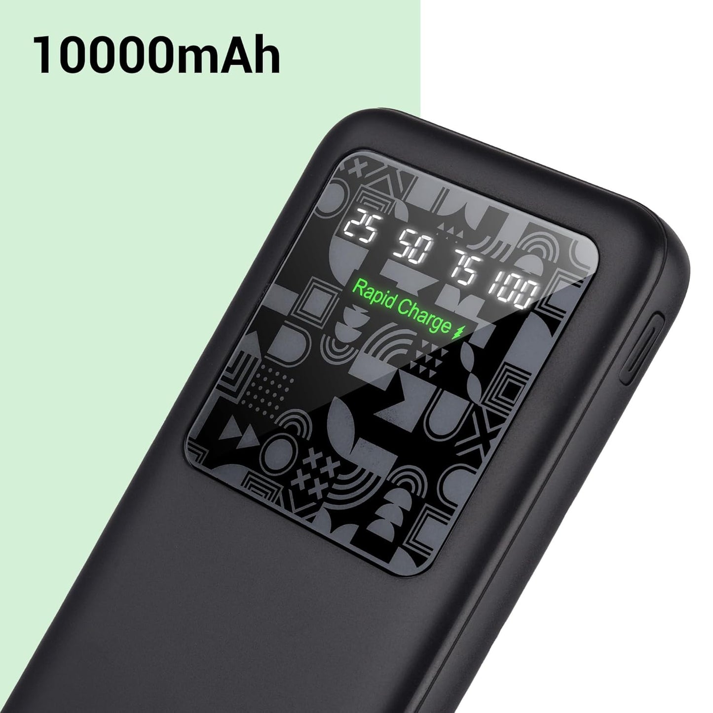 Zebronics 10000mAh portable power bank with rapid charge LED display showing 25, 50, 75, 100 percent battery indicators