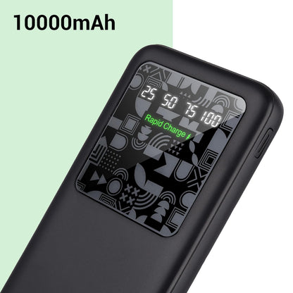 Zebronics 10000mAh portable power bank with rapid charge LED display showing 25, 50, 75, 100 percent battery indicators