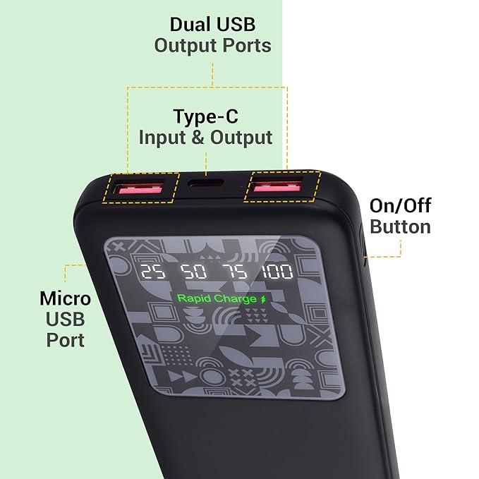 Zebronics power bank ports labeled - dual USB output, Type-C input and output, micro USB port, and on/off button