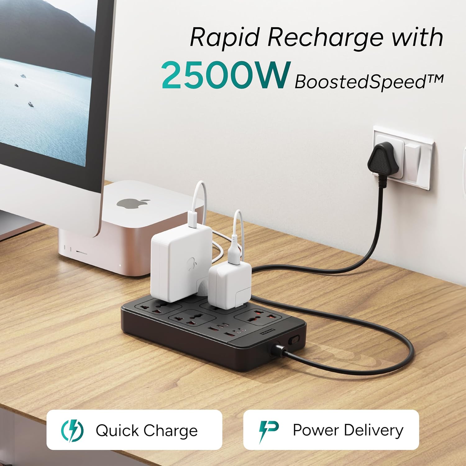 Ambrane extension board rapid recharge with 2500W boosted speed supporting quick charge and power delivery for Apple chargers