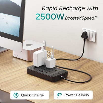 Ambrane extension board rapid recharge with 2500W boosted speed supporting quick charge and power delivery for Apple chargers