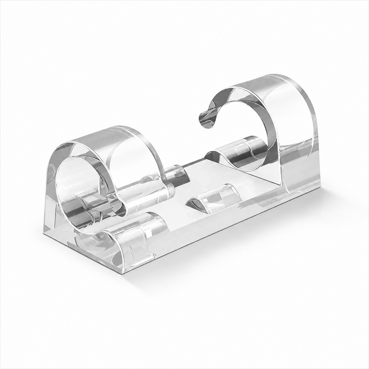 A clear acrylic tooth holder with two curved slots on a white background.
