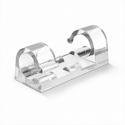 A clear acrylic tooth holder with two curved slots on a white background.