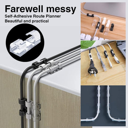 Cable management system with adhesive route planner on a desk