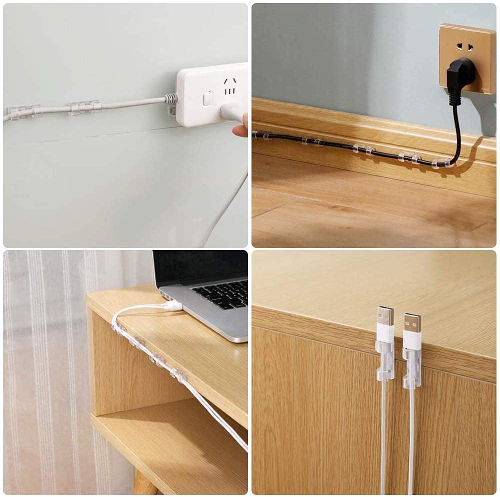 Collage of cable management solutions including a cable clip, outlet, and desk setup.