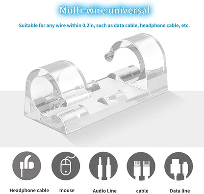 Clear cable organizer with text indicating its suitability for various cables on a white background.
