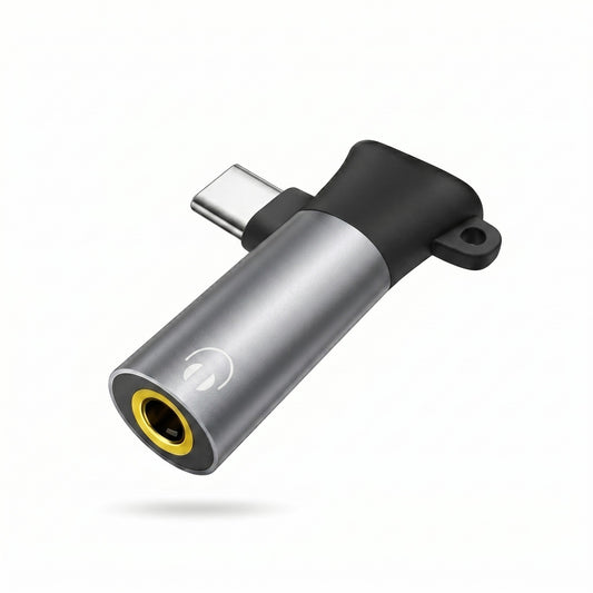 GrunX compact USB Type-C to 3.5mm audio jack adapter with grey anodised aluminium body, gold-plated port and keychain hole for Android smartphones
 