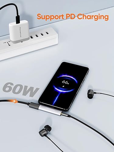 USB-C Audio Adapter supporting 60W PD fast charging while listening to music through wired earphones connected to Android smartphone