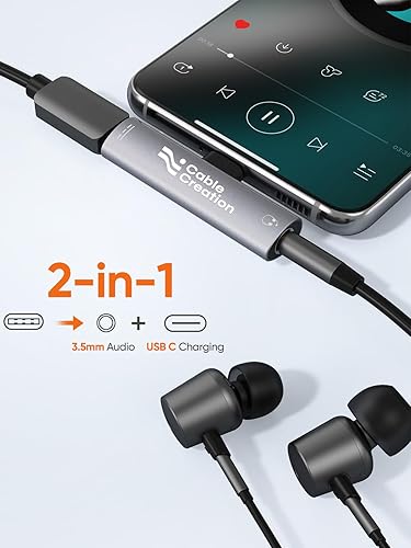 2-in-1 USB-C Adapter converting to 3.5mm audio jack and USB-C charging port simultaneously for wired earphones and smartphone charging