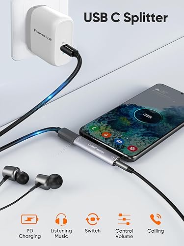 USB-C Splitter Adapter supporting simultaneous PD charging music listening volume control and phone calls with wired earphones
