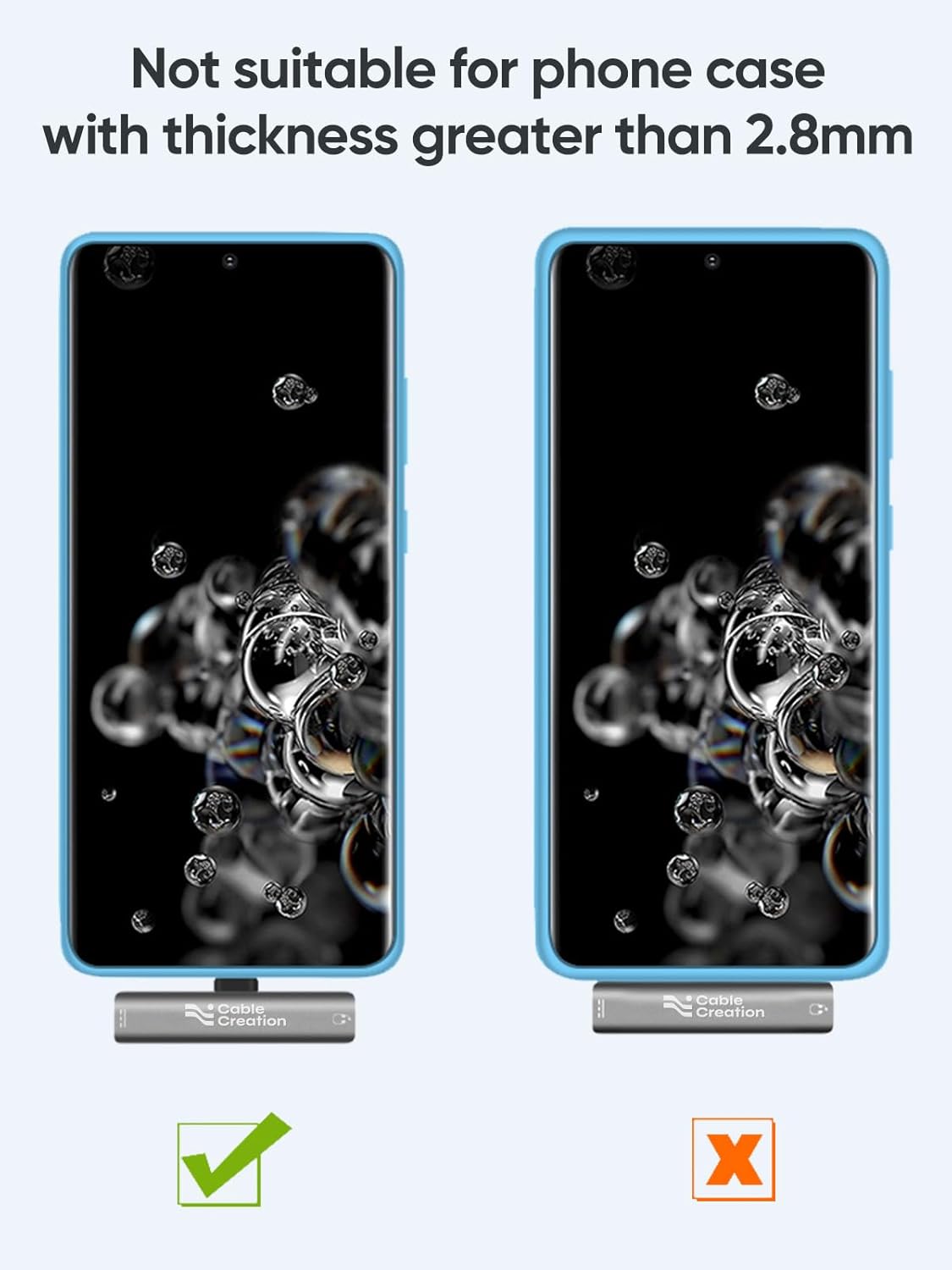 USB-C Headphone Adapter not suitable for phone cases thicker than 2.8mm - compatibility comparison showing correct and incorrect fit on Samsung Galaxy