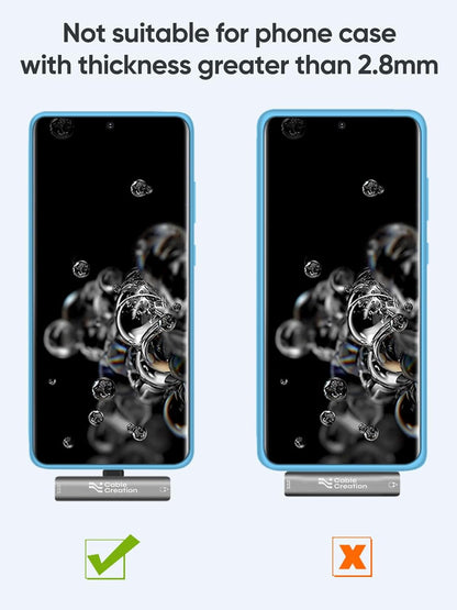 USB-C Headphone Adapter not suitable for phone cases thicker than 2.8mm - compatibility comparison showing correct and incorrect fit on Samsung Galaxy