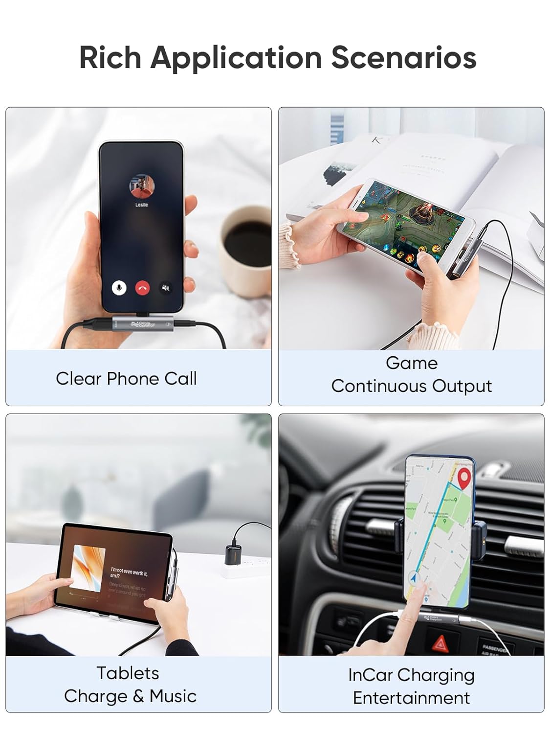 USB-C Audio Adapter application scenarios - clear phone calls game audio tablet music and in-car charging entertainment