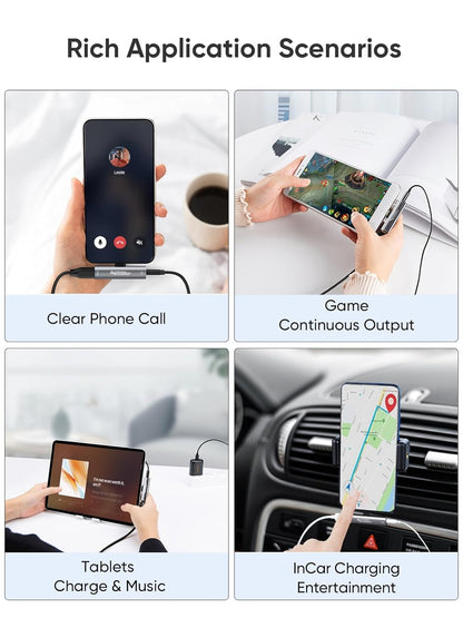 USB-C Audio Adapter application scenarios - clear phone calls game audio tablet music and in-car charging entertainment