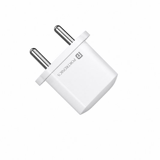 A white UK wall charger plug with silver metal pins, featuring the PORTONICS brand name printed in gray on the side, set against a plain white background.