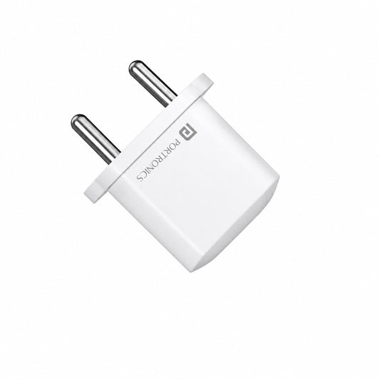 A white Portronics UK wall charger plug adapter with two silver metal pins, shown on a plain white background.
