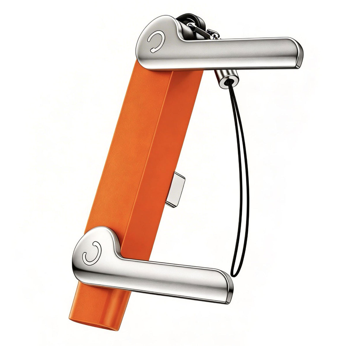 An orange and silver metal keychain lock pick set with a black lanyard, shown on a solid white background.